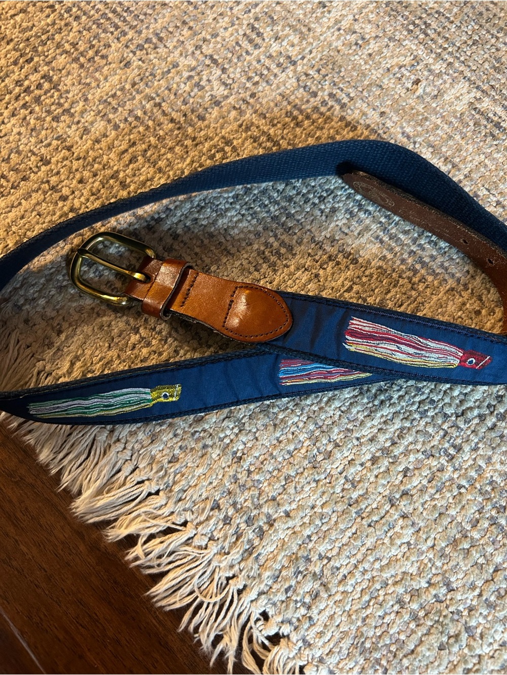 Leather-Trim Navy Embroidered Men's Web Belt woven fishing lure
